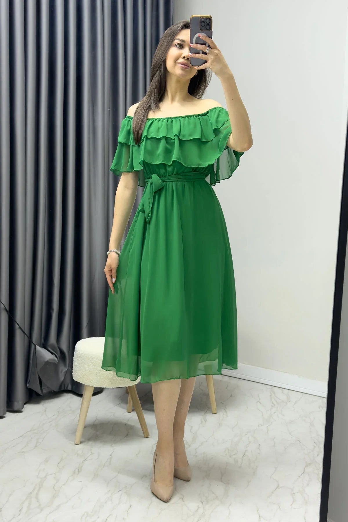 Women's Çimen Greeni Madonna Carmen Ruffle Neck Plus Size Chiffon Dress