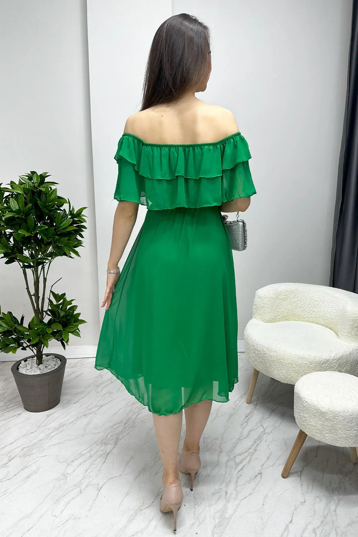 Women's Çimen Greeni Madonna Carmen Ruffle Neck Plus Size Chiffon Dress