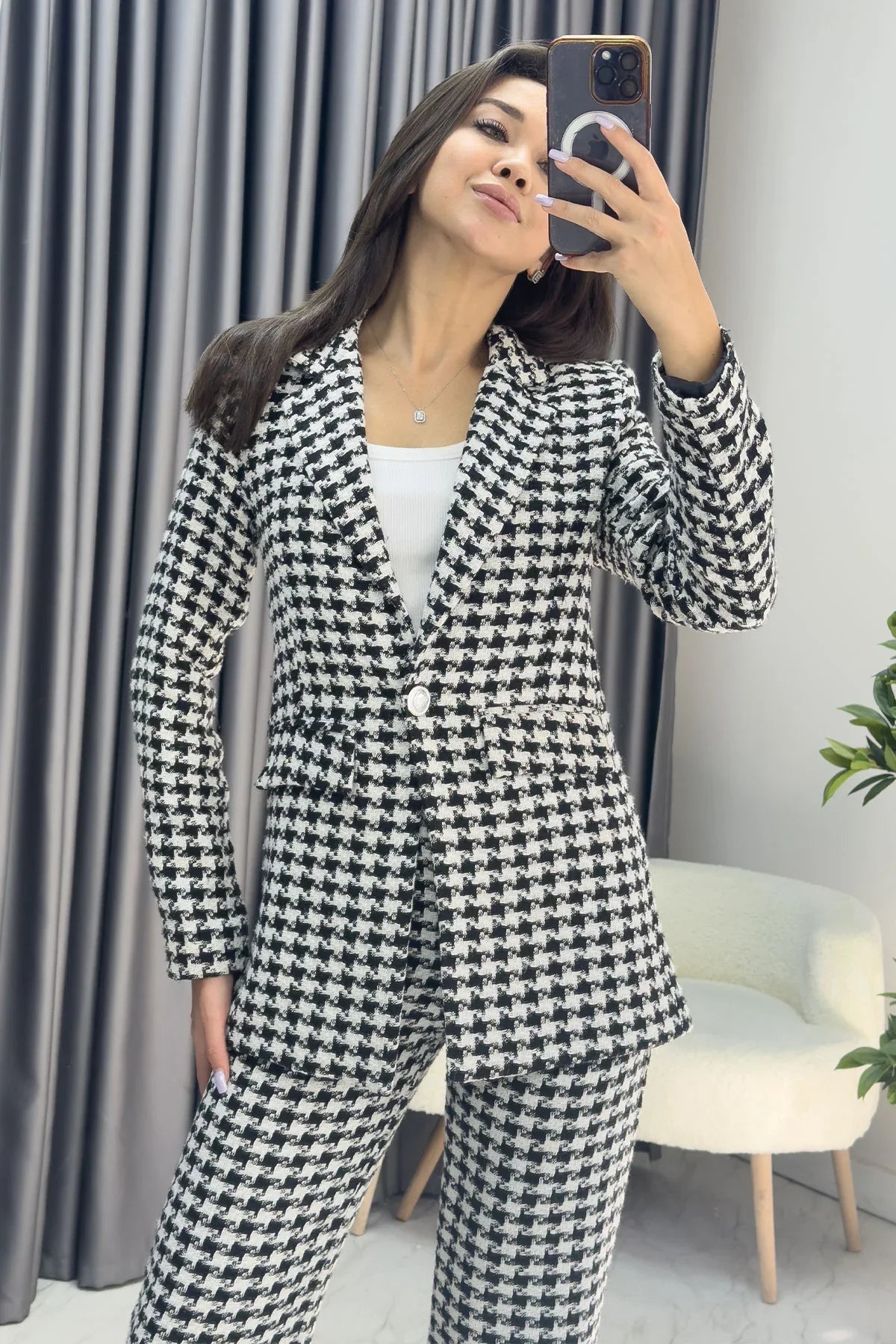 Women's Black White Kazayağı Jacket Pants Two-Piece Set