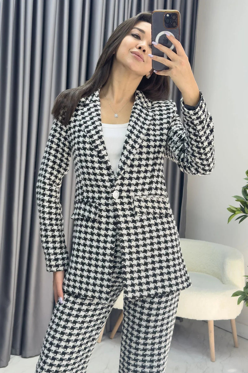 Women's Black White Kazayağı Jacket Pants Two-Piece Set