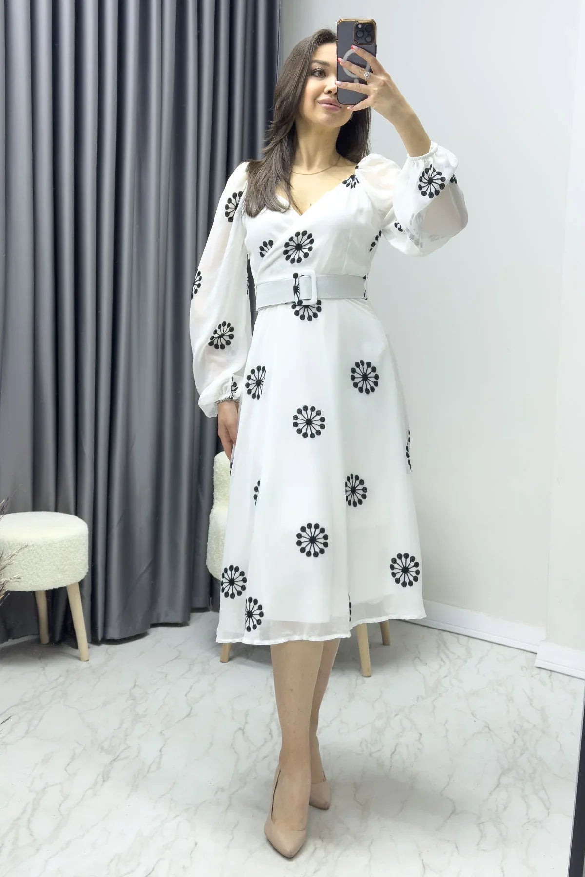Women's White Çiçek Desen Wrap Neck Balloon Sleeve Belted Chiffon Dress
