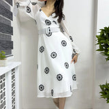 White Floral Pattern Cross-Over Neckline Balloon Sleeve Belted Chiffon Dress