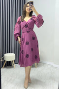 Purple Floral Patterned Midi Chiffon Dress