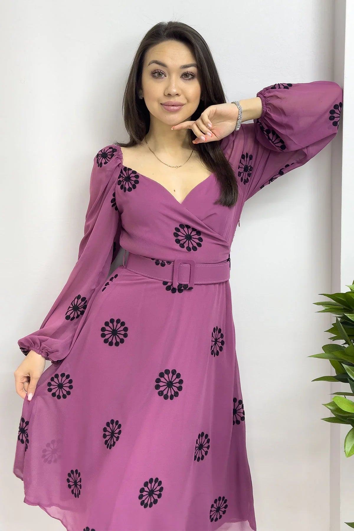 Women's Purple Çiçek Desen Wrap Neck Balloon Sleeve Belted Chiffon Dress