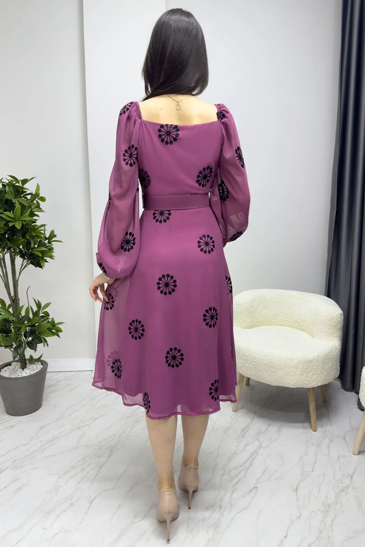 Women's Purple Çiçek Desen Wrap Neck Balloon Sleeve Belted Chiffon Dress