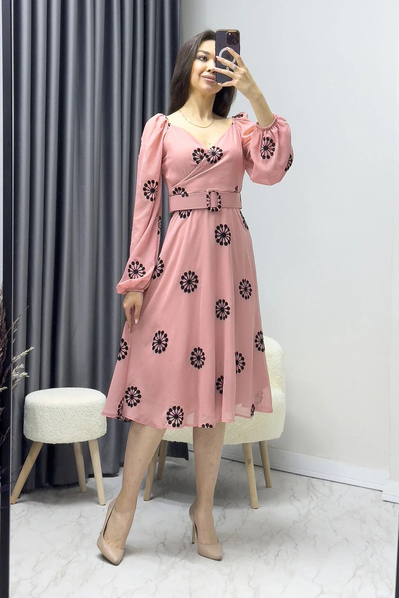 Women's Powder Pink Çiçek Desen Wrap Neck Balloon Sleeve Belted Chiffon Dress