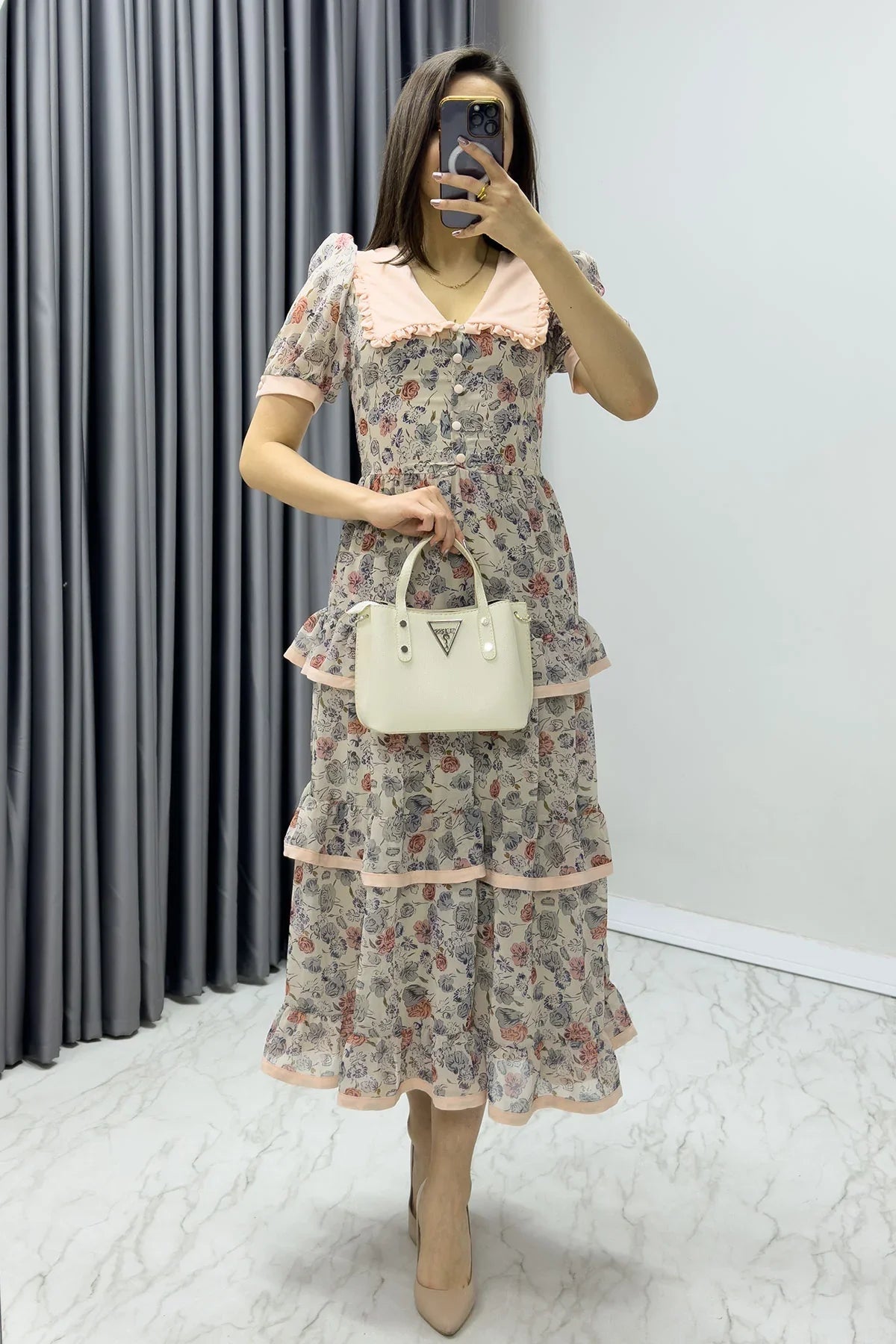Women's Soft Powder Pink Çiçek Patterned Midi Dress