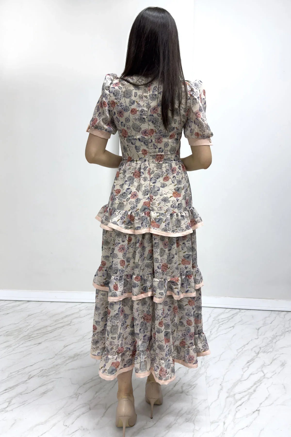 Women's Soft Powder Pink Çiçek Patterned Midi Dress