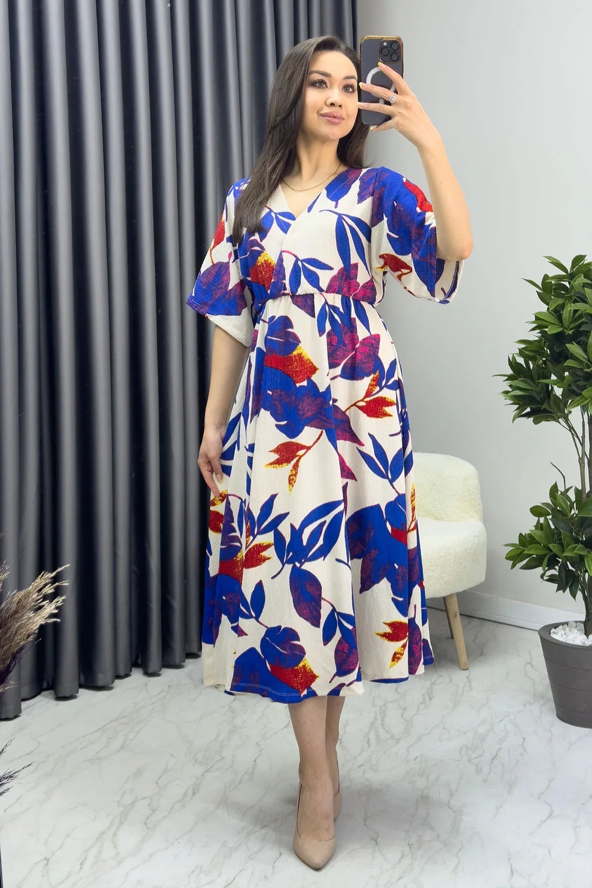 Women's Blue Yaprak Desen Batwing Sleeve Midi Dress