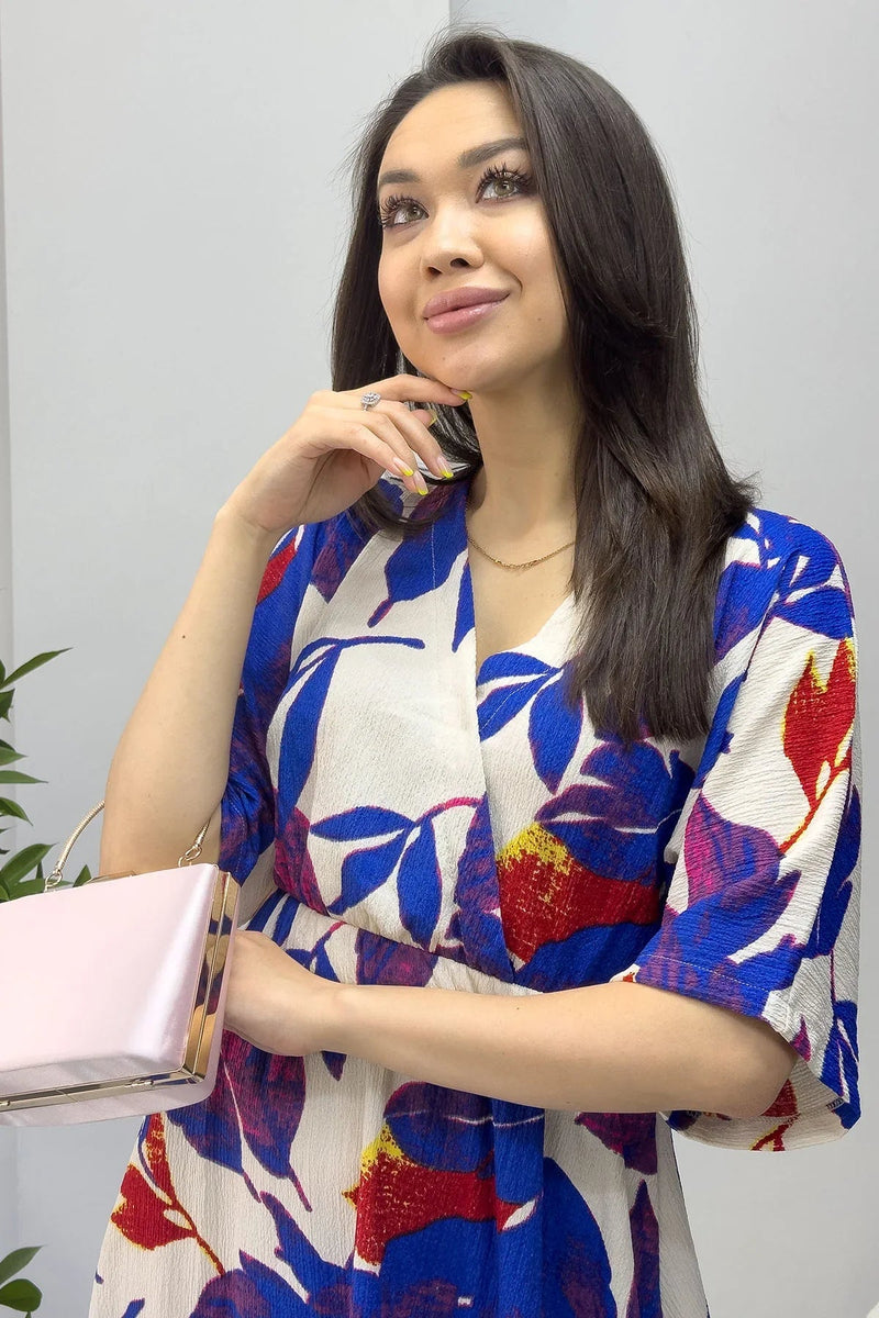 Women's Blue Yaprak Desen Batwing Sleeve Midi Dress