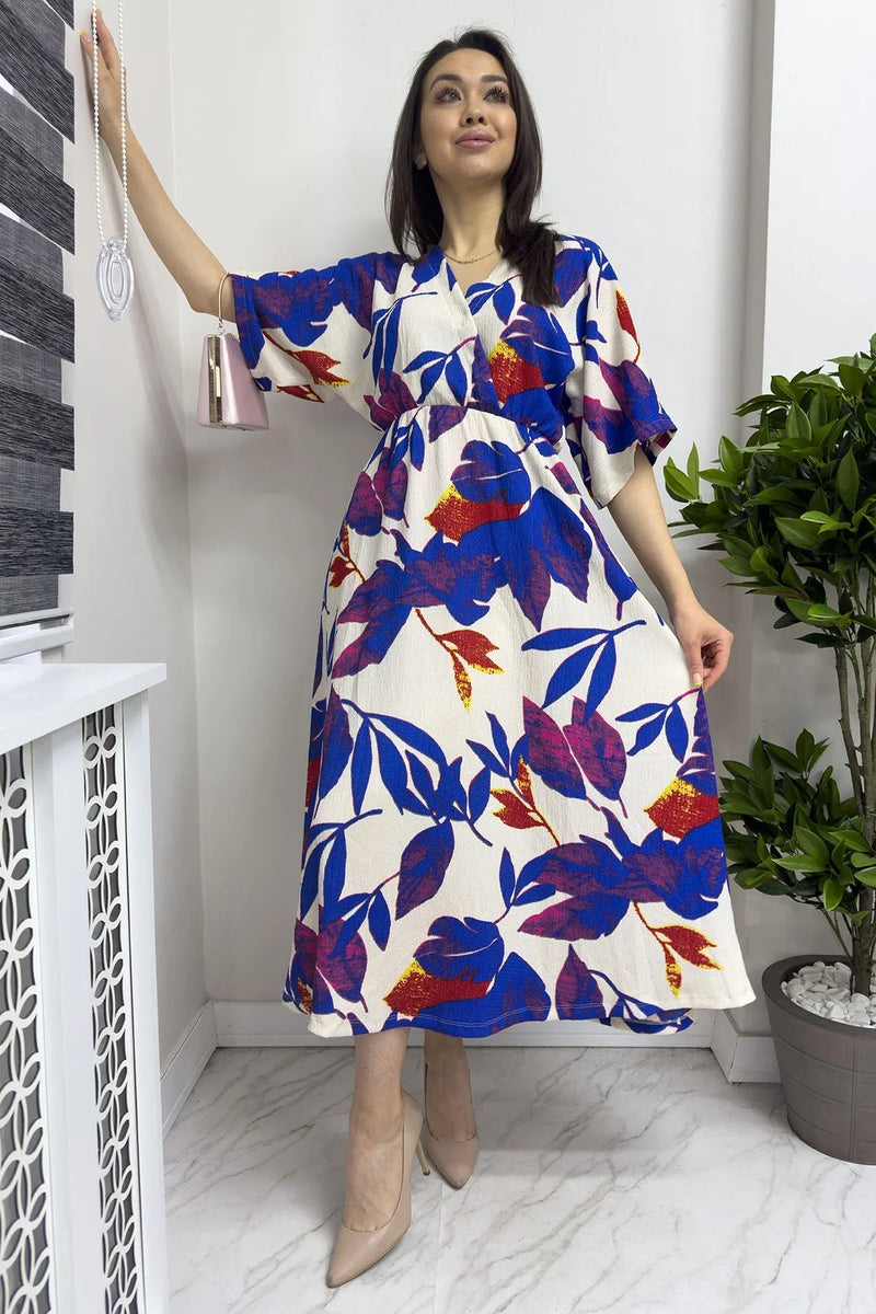 Women's Blue Yaprak Desen Batwing Sleeve Midi Dress