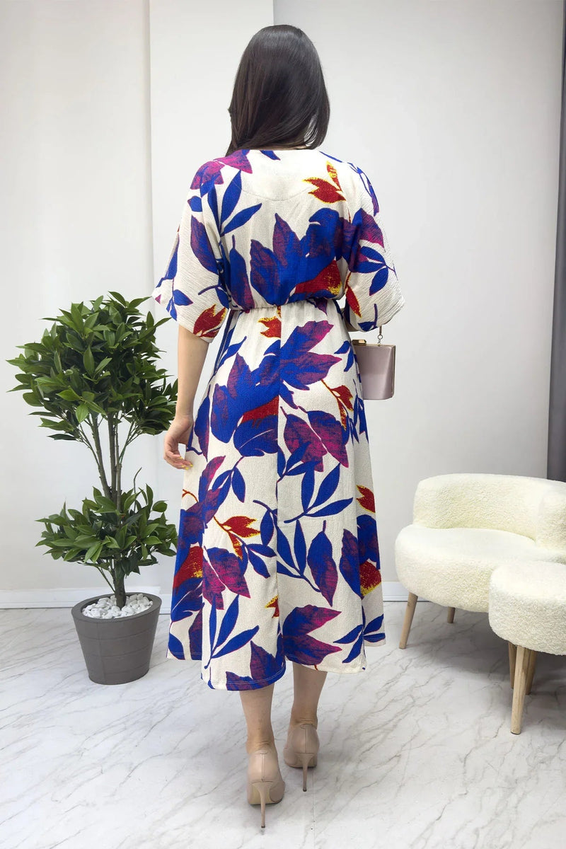 Women's Blue Yaprak Desen Batwing Sleeve Midi Dress