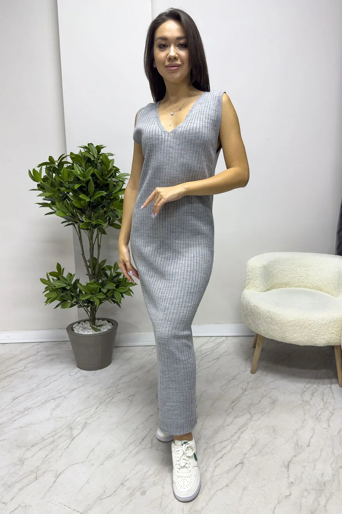 Women's Gray White Striped Dress Sweater Two-Piece Set