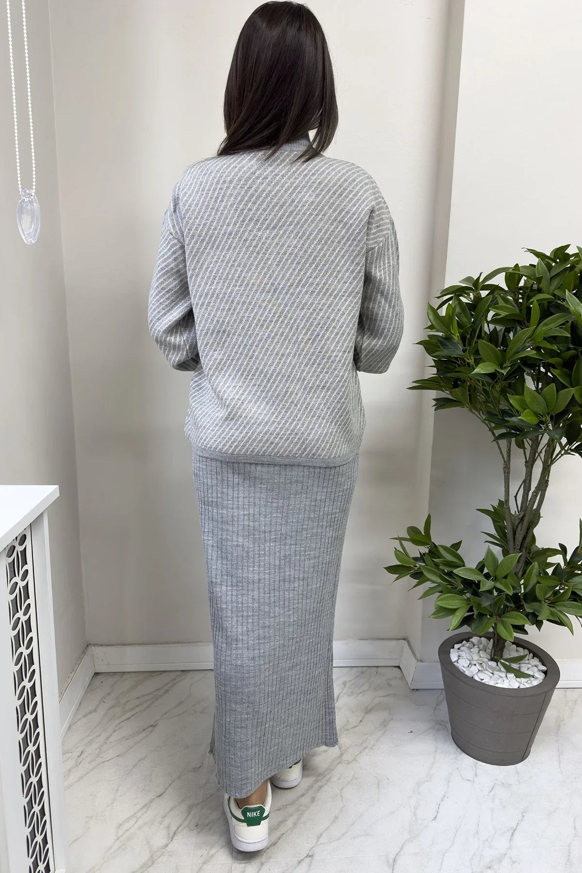 Women's Gray White Striped Dress Sweater Two-Piece Set