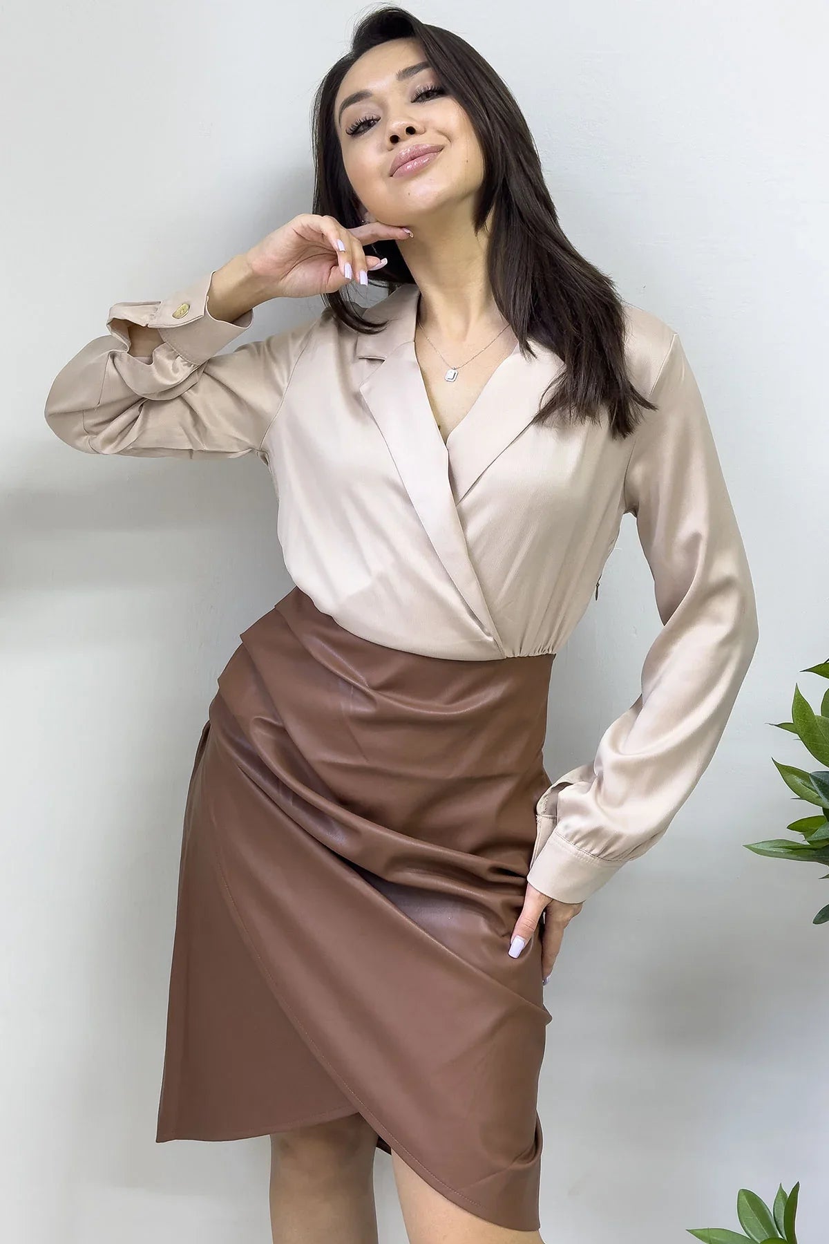Women's Brown Faux Leather Skirt Blouse Dress