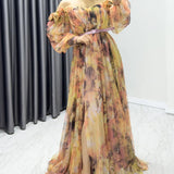 Beige Off-Shoulder Floral Pattern Evening Dress