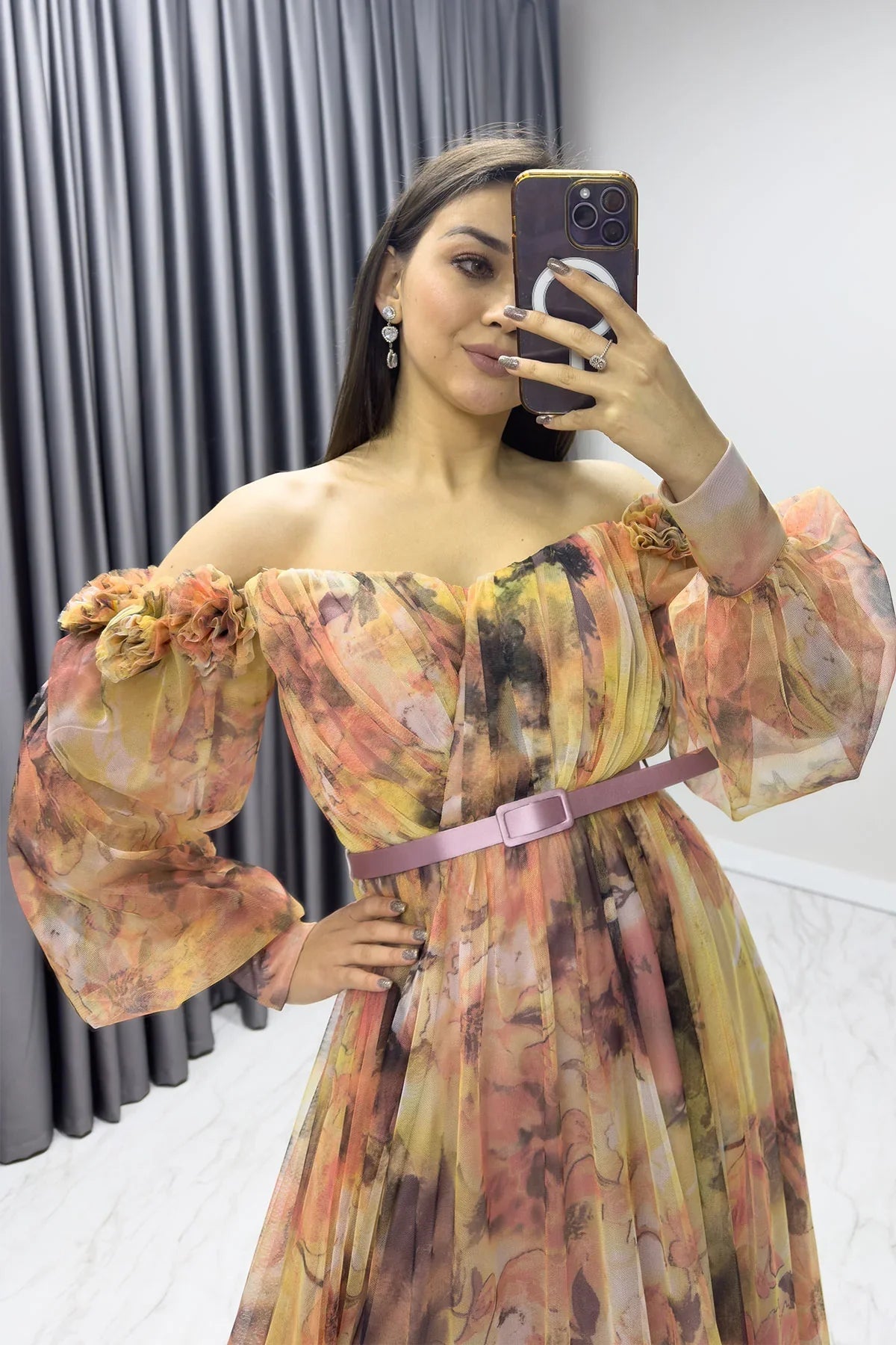 Women's Off-Shoulder Belted Patterned Slit Evening Gown