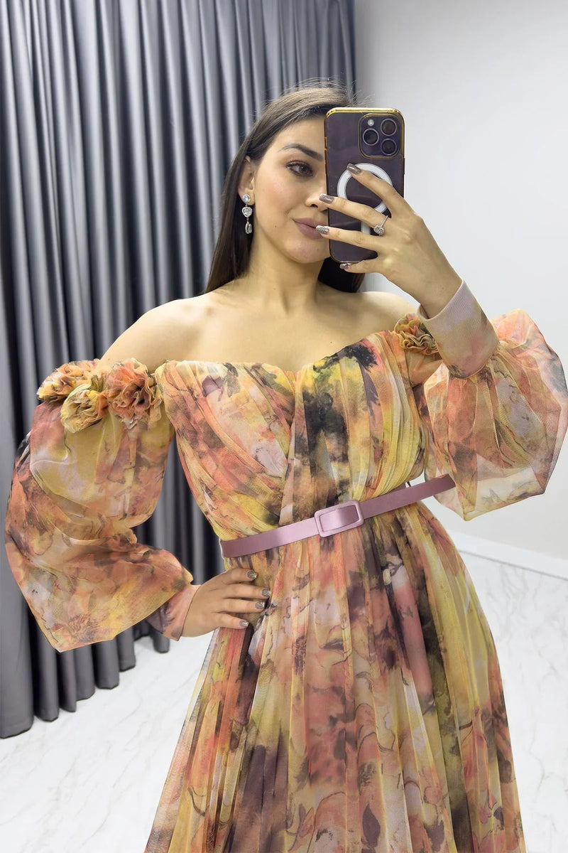 Women's Off-Shoulder Belted Patterned Slit Evening Gown