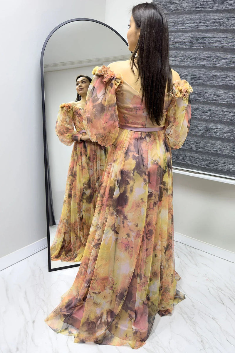 Women's Off-Shoulder Belted Patterned Slit Evening Gown