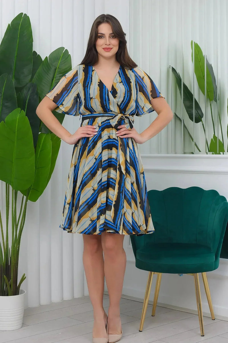 Women's Patterned Flared Half Sleeve Plus Size Chiffon Dress