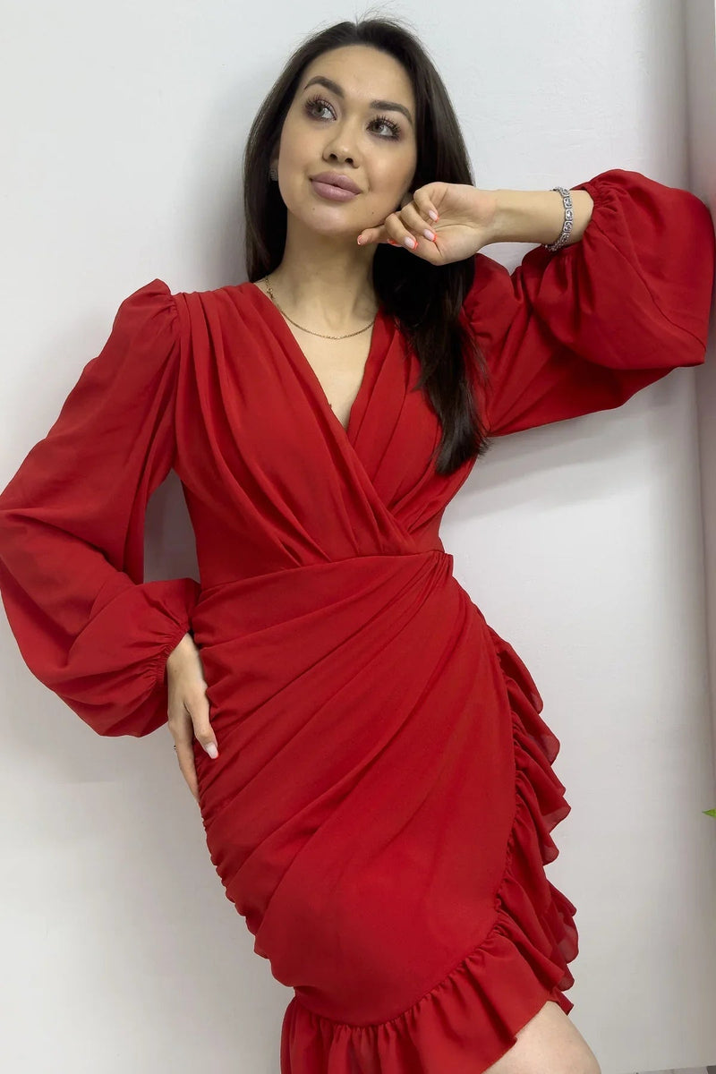 Women's Red Mini Draped Chiffon Dress