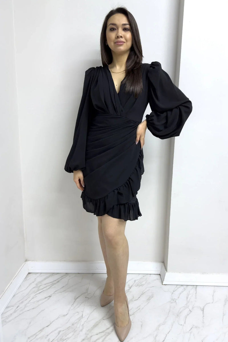 Women's Black Mini Draped Chiffon Dress