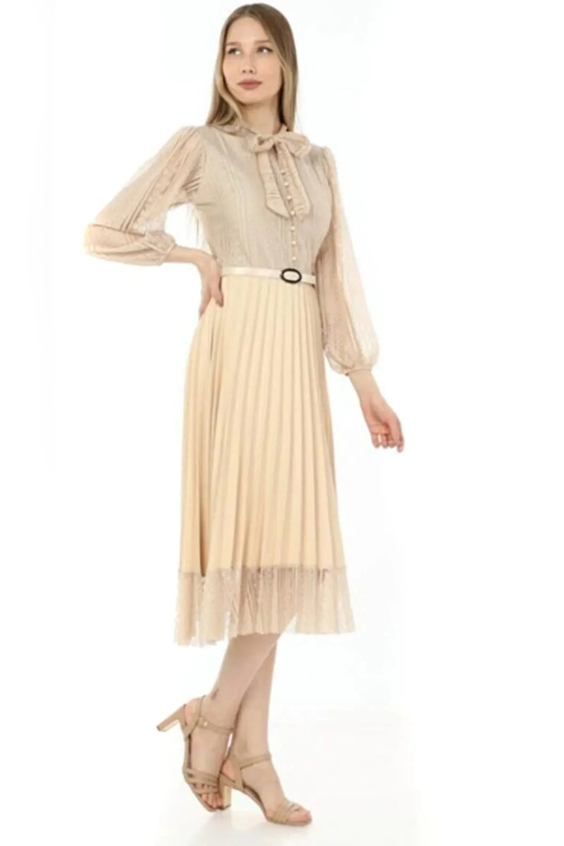 Women's Ecru Halter Tie Fransız Güpür Piliseli Evening Gown