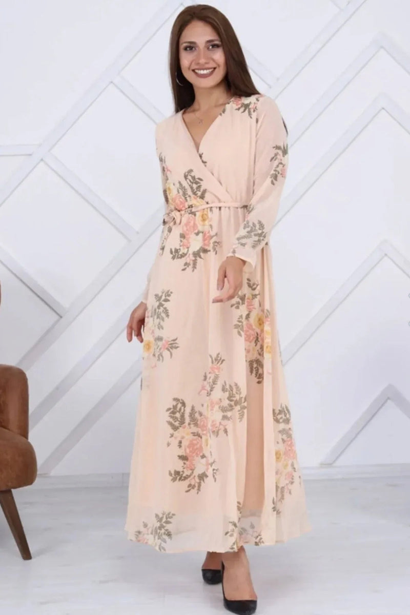 Women's Ecru Floral Wrap Neck Chiffon Plus Size Dress