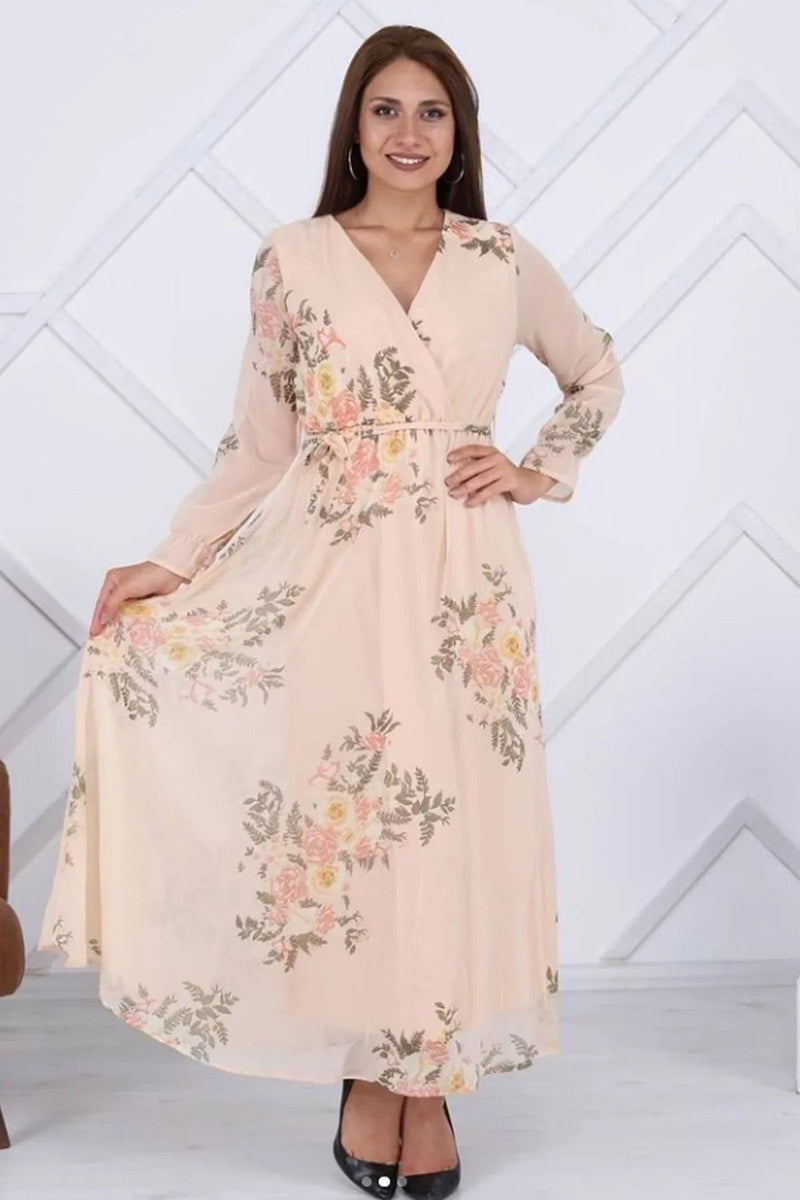 Women's Ecru Floral Wrap Neck Chiffon Plus Size Dress