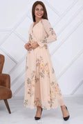 Ecru Floral Cross-Over Neck Chiffon Plus Size Dress