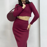 Burgundy Skirt Crop Two-Piece Set