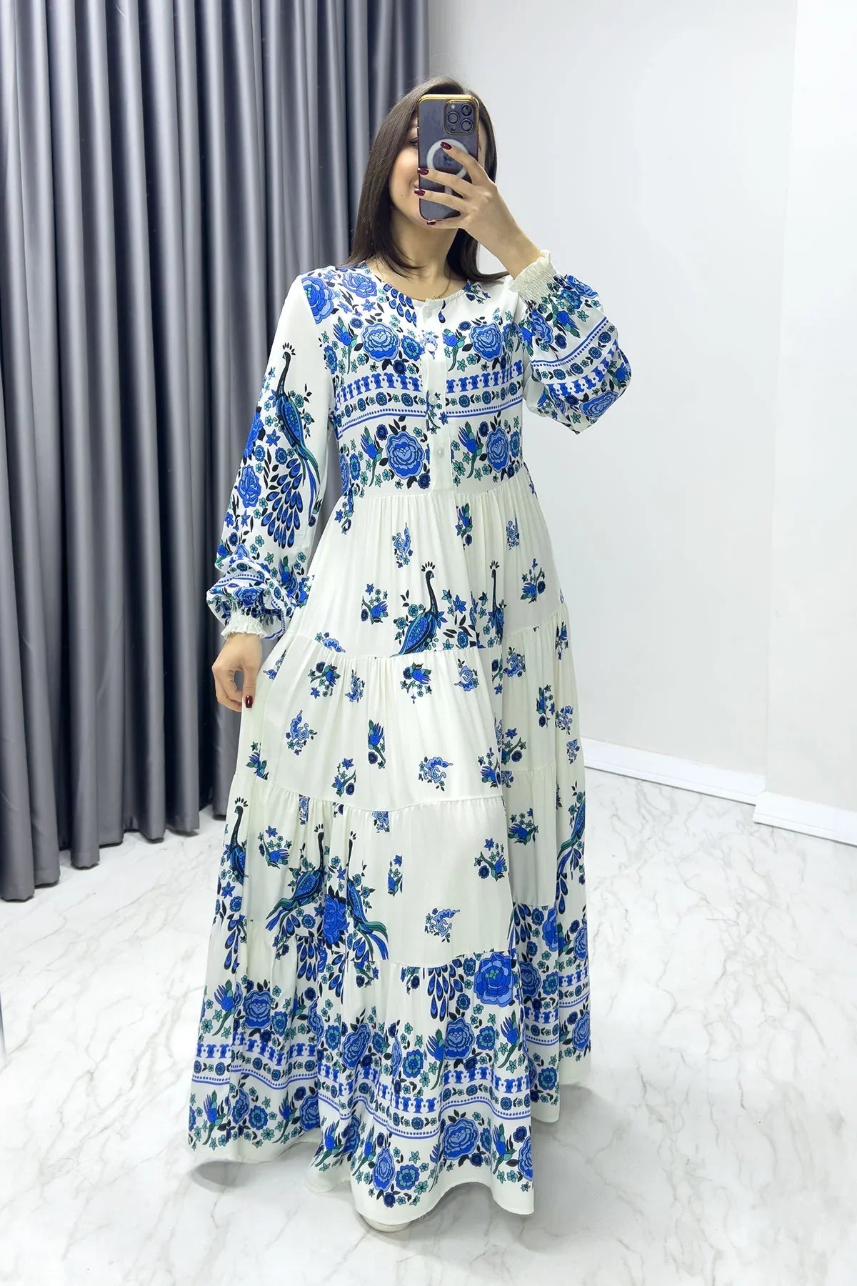 Women's White Ethnic Print Balloon Sleeve Dress