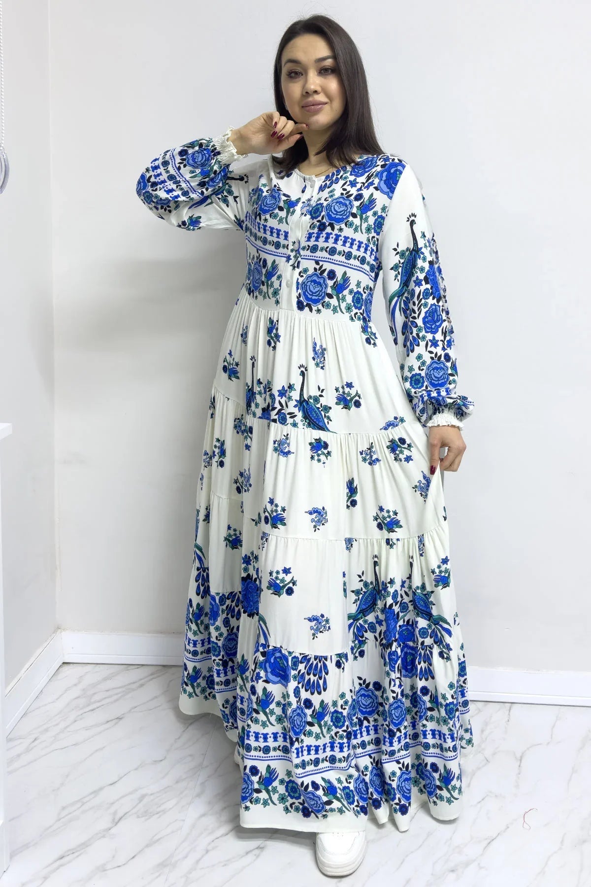 Women's White Ethnic Print Balloon Sleeve Dress