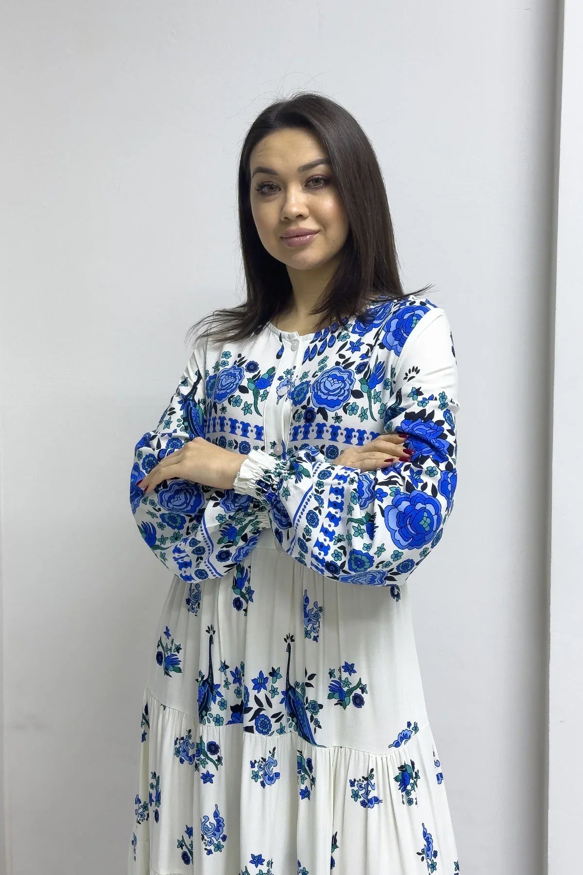 Women's White Ethnic Print Balloon Sleeve Dress