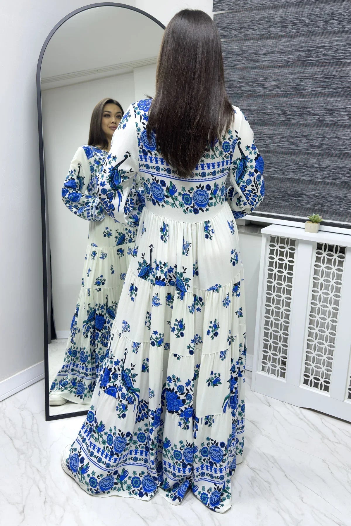 Women's White Ethnic Print Balloon Sleeve Dress