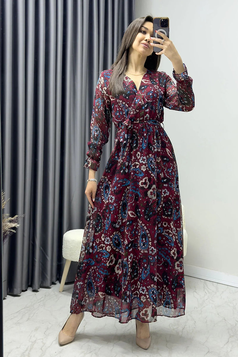 Women's Burgundy Şal Desen Wrap Neck Chiffon Dress