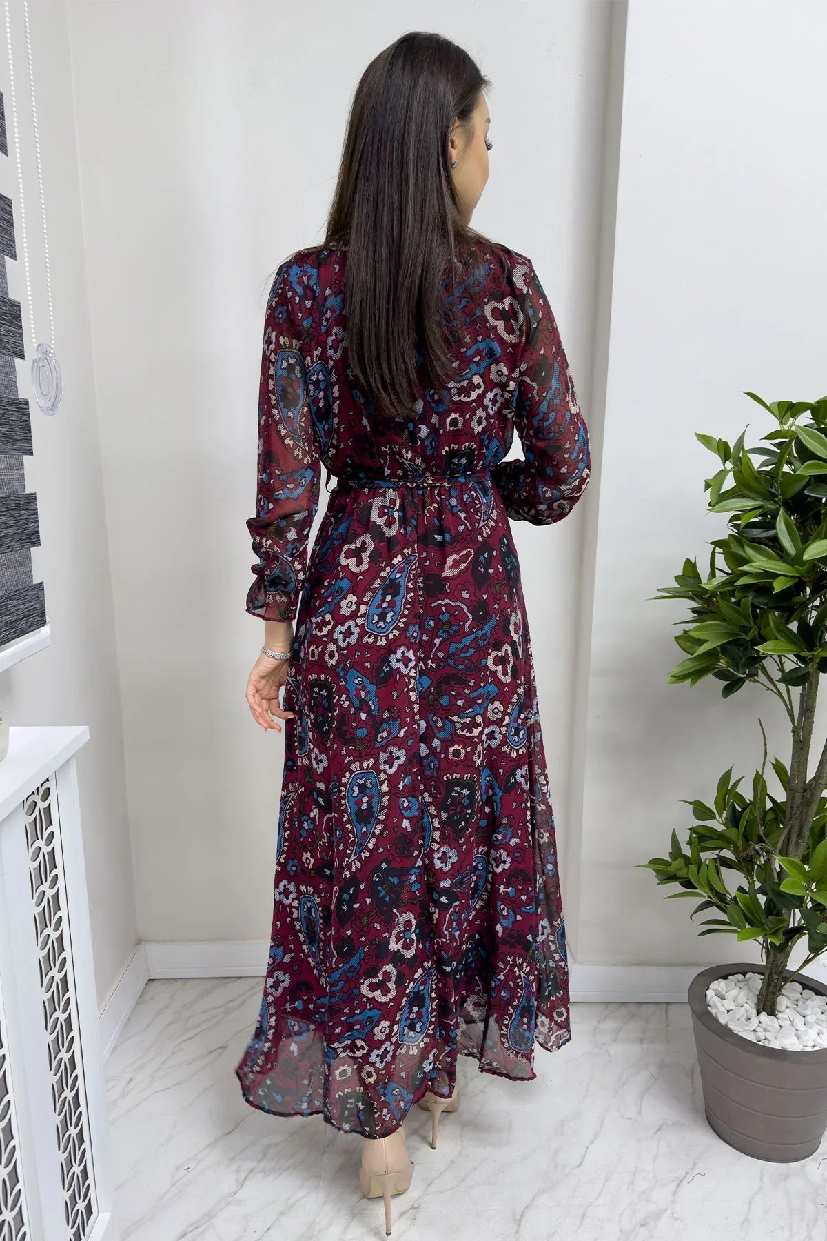 Women's Burgundy Şal Desen Wrap Neck Chiffon Dress