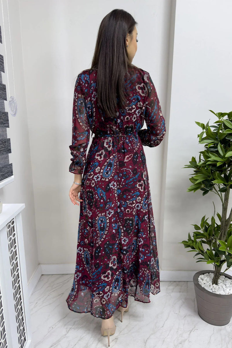 Women's Burgundy Şal Desen Wrap Neck Chiffon Dress