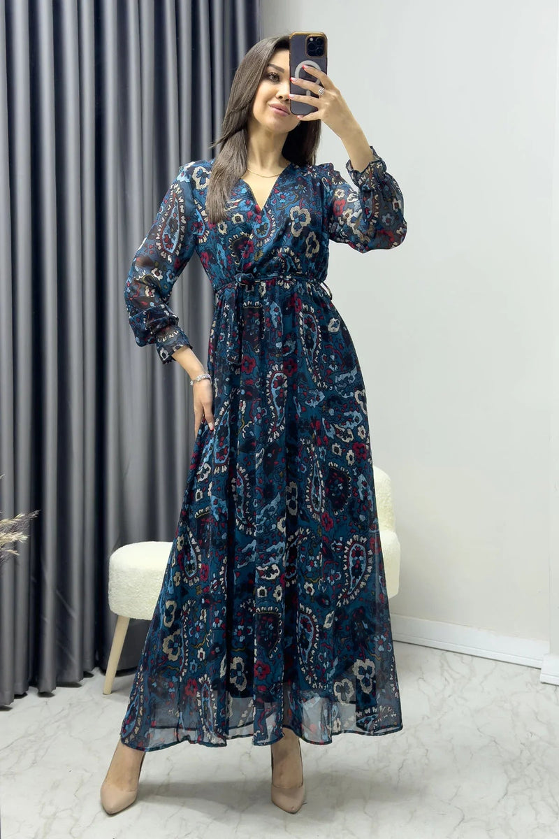 Women's Petrol Blue Şal Desen Wrap Neck Chiffon Dress