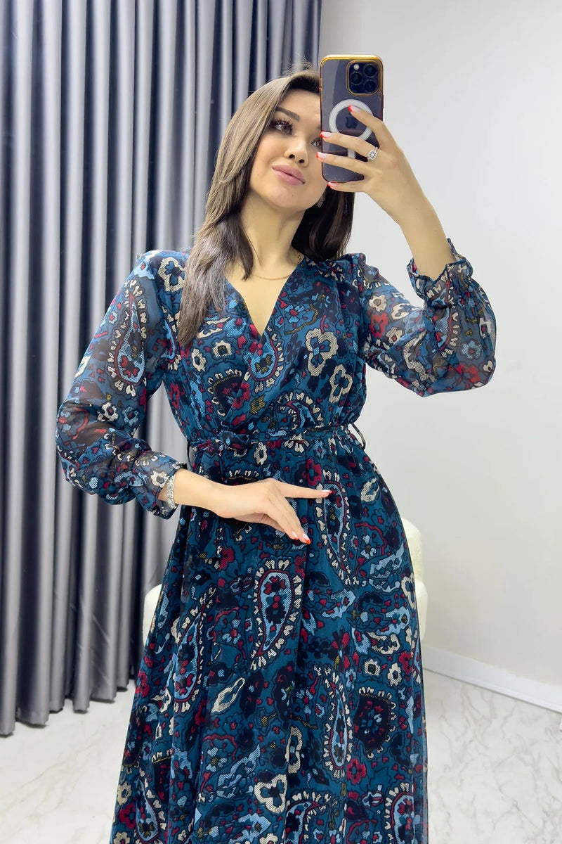 Women's Petrol Blue Şal Desen Wrap Neck Chiffon Dress