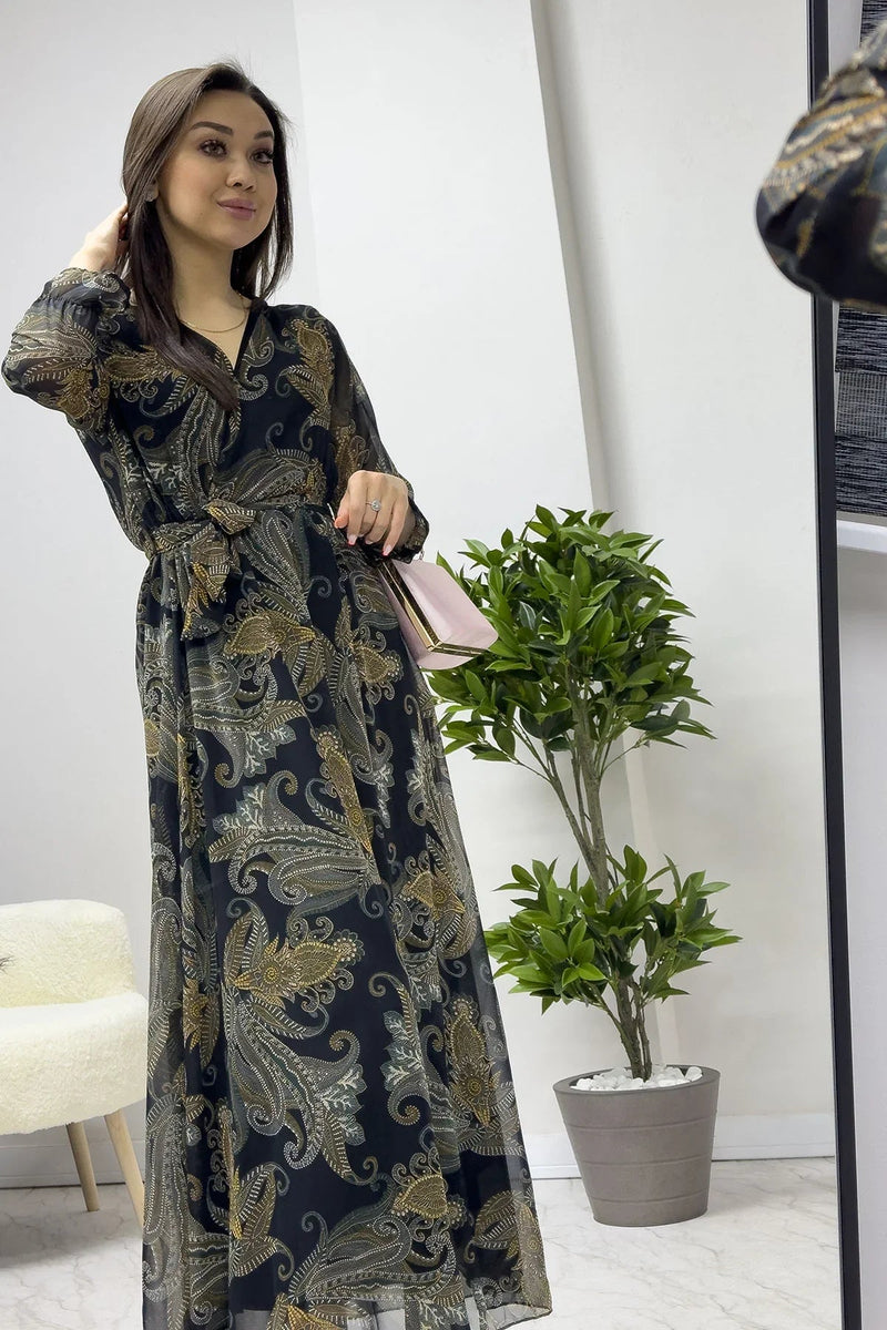 Women's Etnik Şal Patterned Wrap Neck Chiffon Plus Size Dress