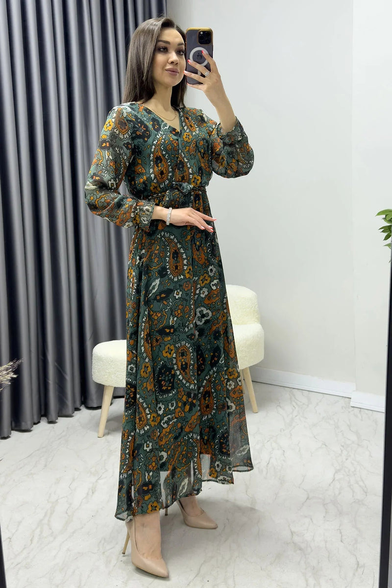 Women's Green Şal Desen Wrap Neck Chiffon Dress