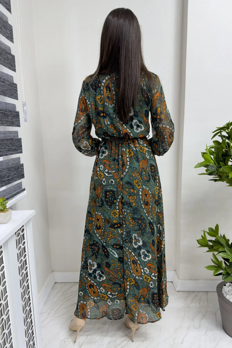 Women's Green Şal Desen Wrap Neck Chiffon Dress