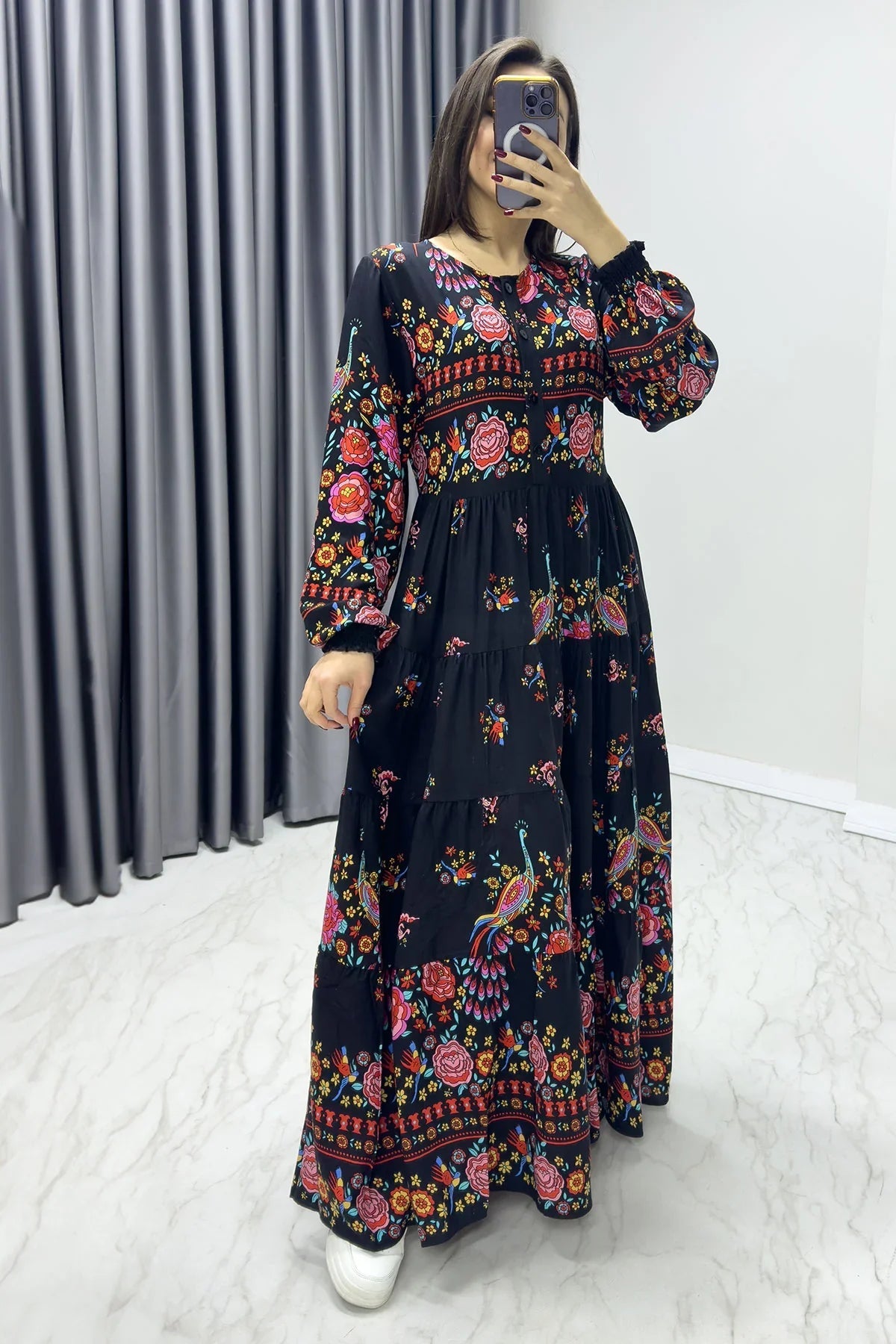 Women's Black Ethnic Print Balloon Sleeve Dress
