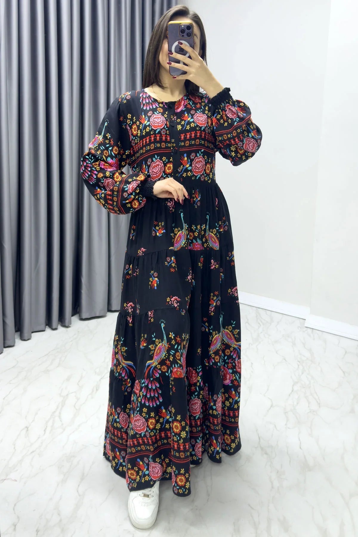 Women's Black Ethnic Print Balloon Sleeve Dress