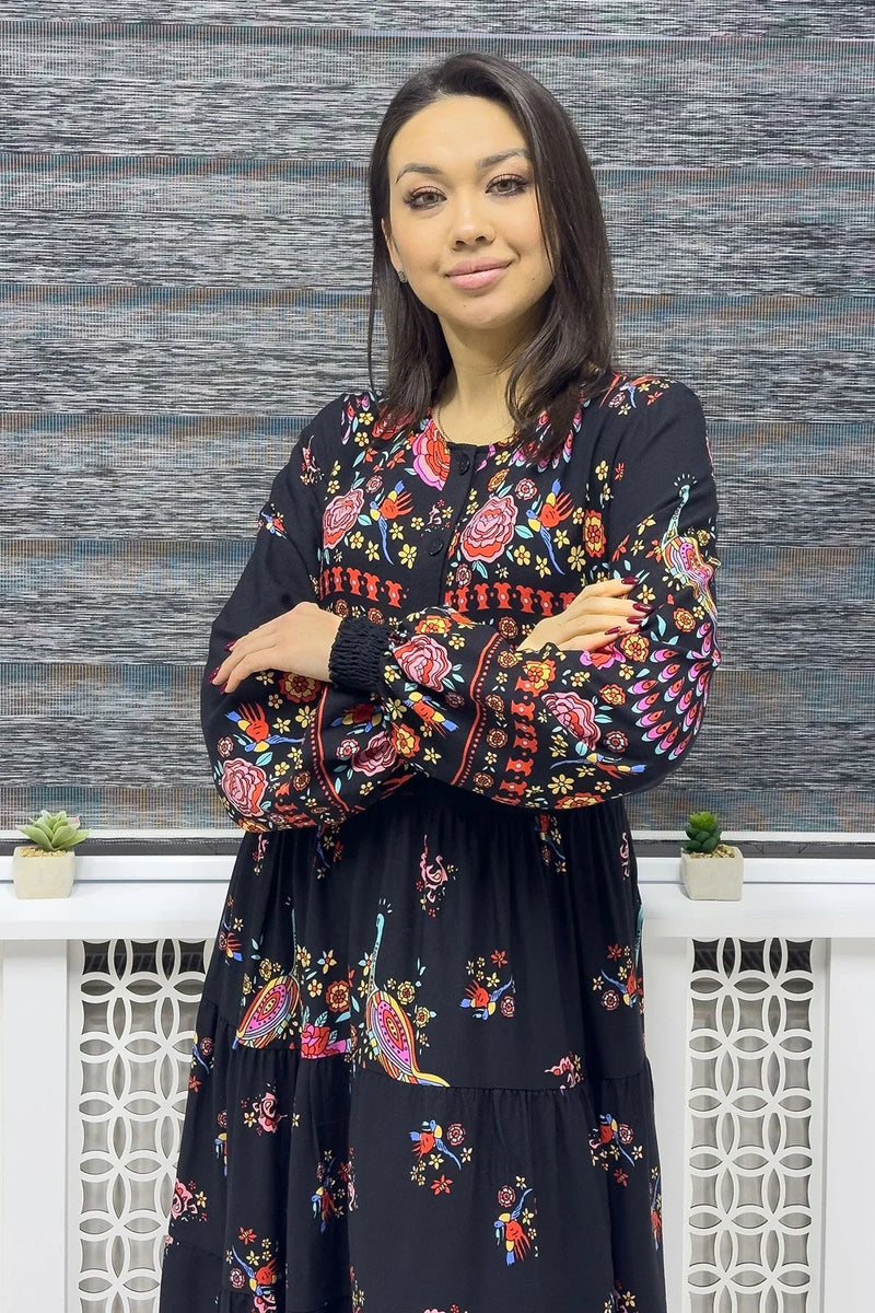 Women's Black Ethnic Print Balloon Sleeve Dress