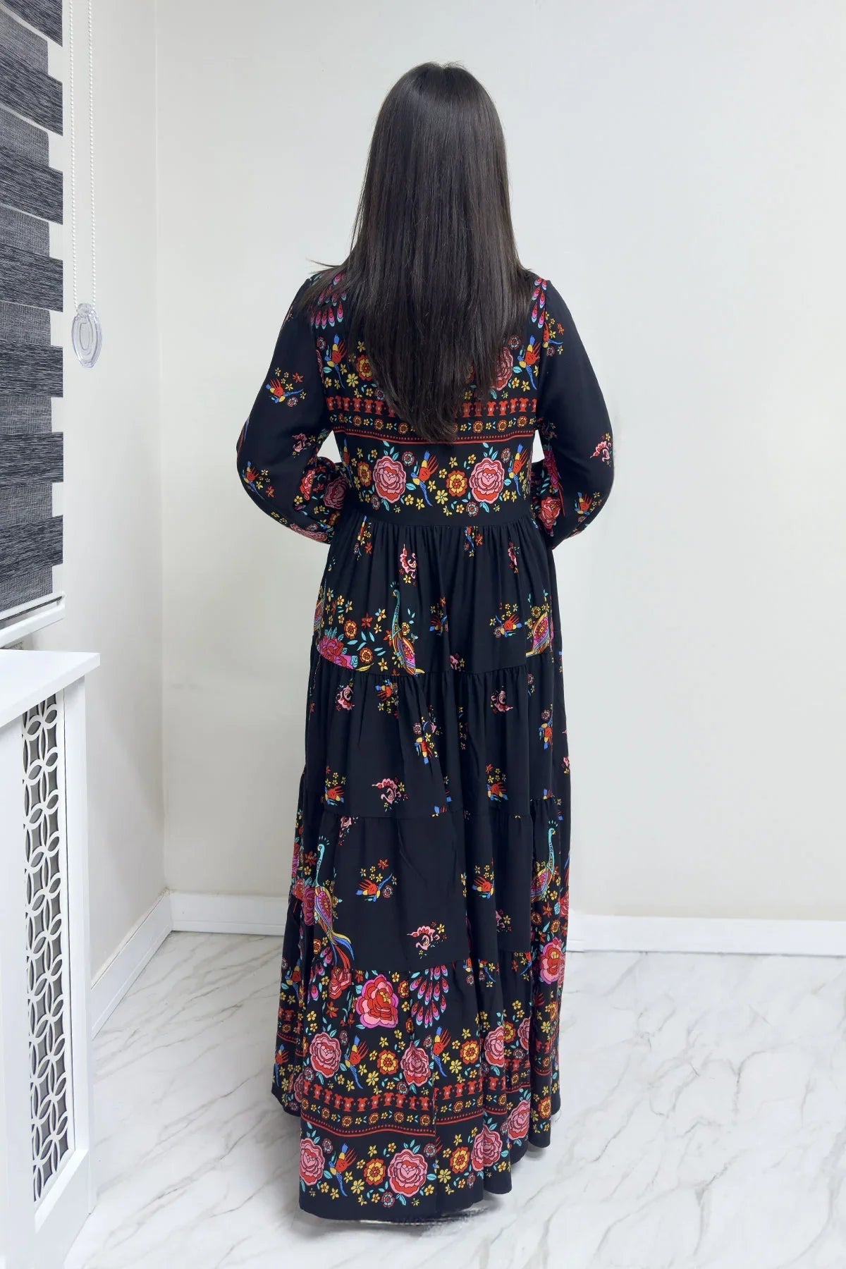 Women's Black Ethnic Print Balloon Sleeve Dress