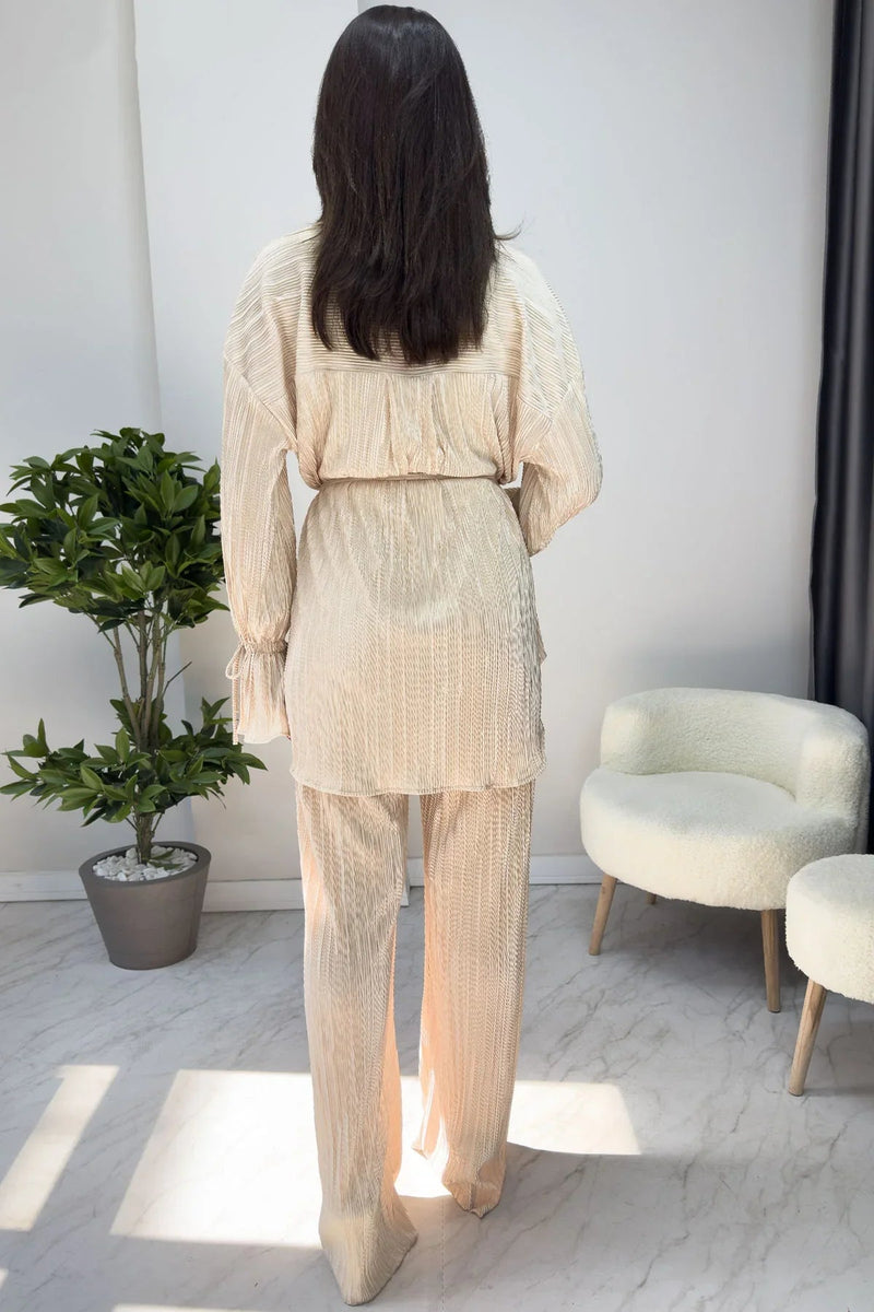 Women's Beige Krinkıl Fitilli Kimono Pants Set