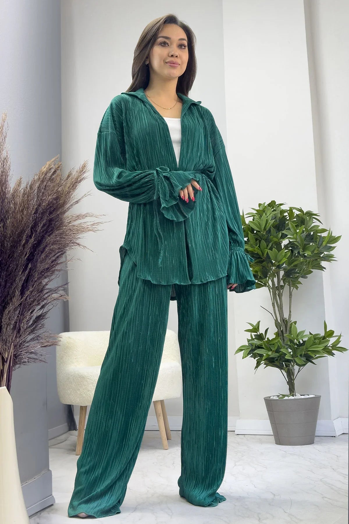 Women's Emerald Krinkıl Fitilli Kimono Pants Set