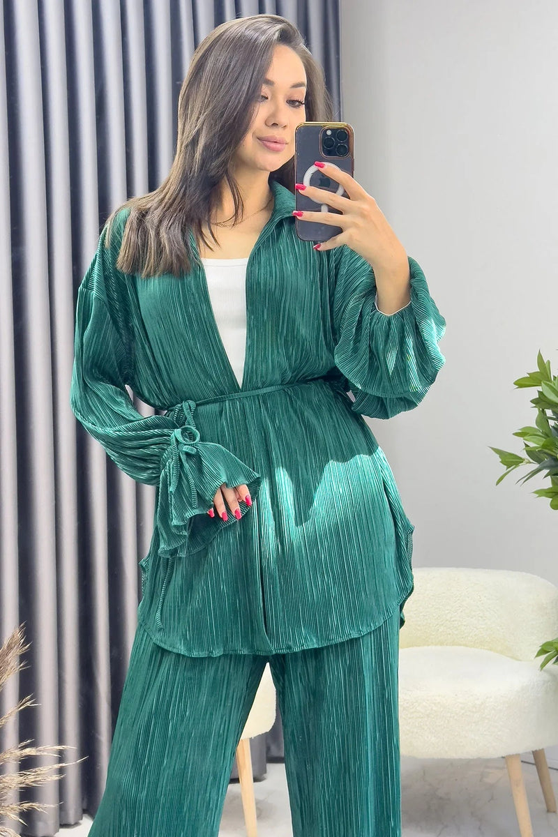 Women's Emerald Krinkıl Fitilli Kimono Pants Set